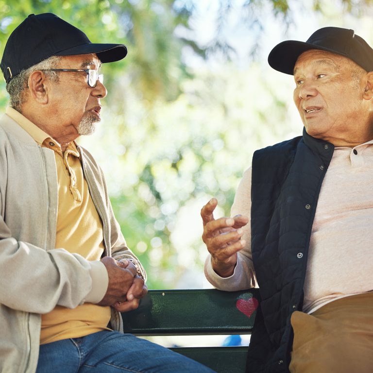 Elderly men, park and communication with friendship, nature and